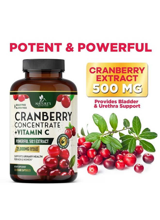 Nature's Nutrition - Cranberry Extract Pills + Vitamin C (25,000mg Formula) - Natural Urinary Tract Health Support with Cranberry Supplement for Women & Men - Nature's, Non-GMO, Gluten Free - 120 Capsules - Image 1