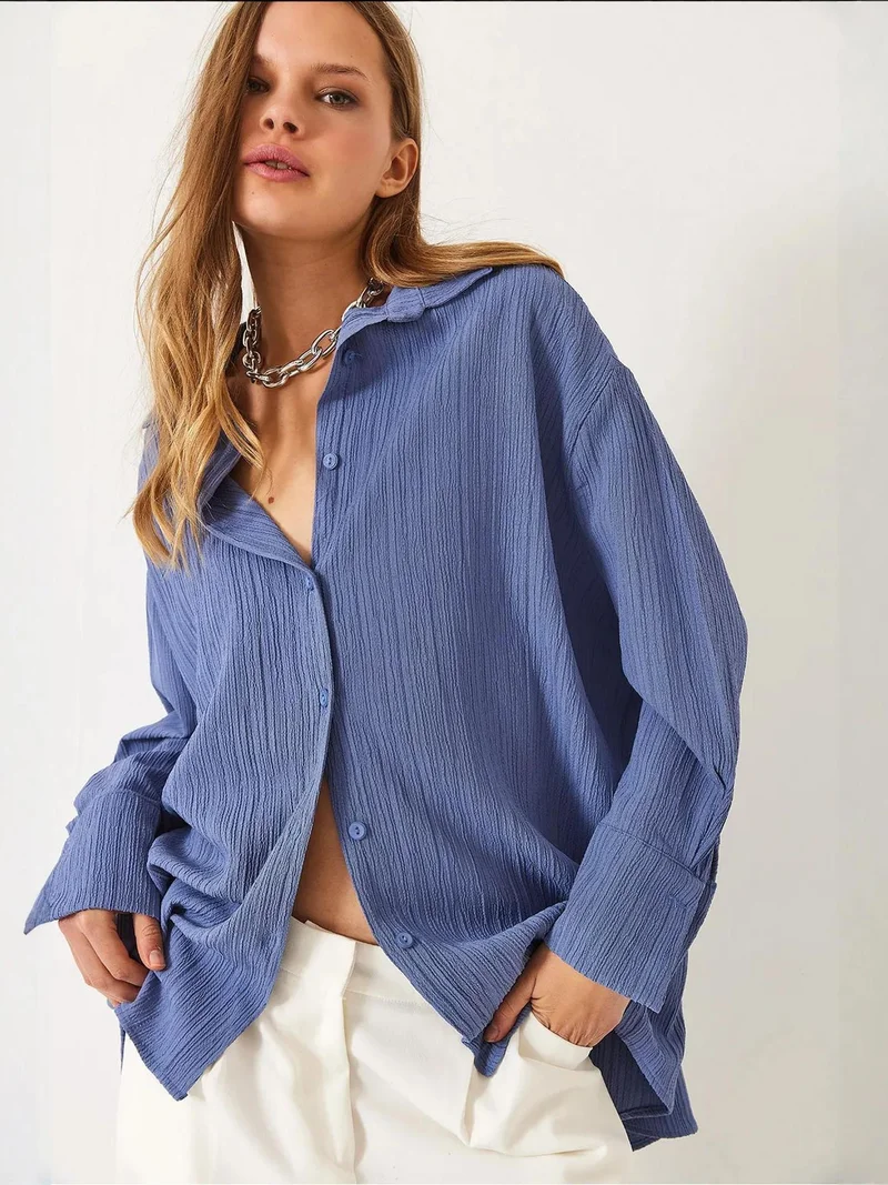 Bianco Lucci Midnight Blue LUCCI Oversized Textured Shirt for Women | Best Price UAE