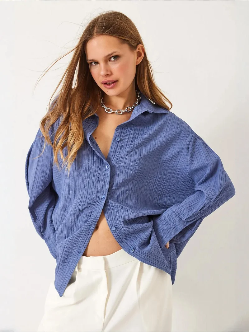 Bianco Lucci Midnight Blue LUCCI Oversized Textured Shirt for Women | Best Price UAE