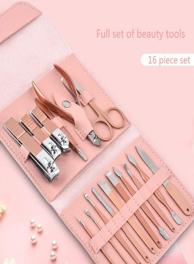 Awestuffs Manicure Set Professional Nail Clippers Pedicure Kit, 16 pcs Stainless Steel Nail Care Tools Grooming Kit with Luxurious Travel Leather Case for Men Women Gift (Pink) - Image 2
