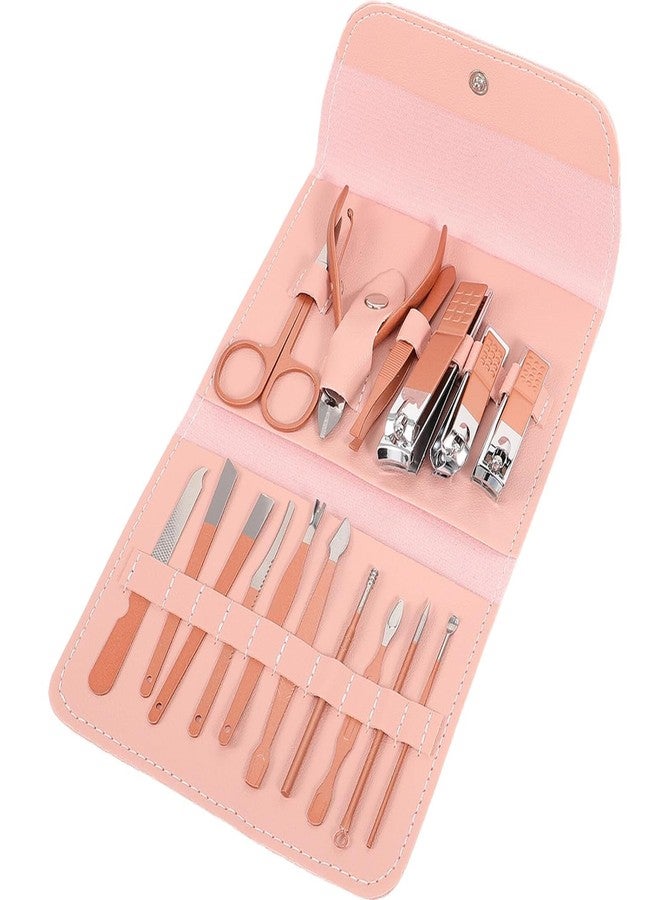 Awestuffs Manicure Set Professional Nail Clippers Pedicure Kit, 16 pcs Stainless Steel Nail Care Tools Grooming Kit with Luxurious Travel Leather Case for Men Women Gift (Pink) - Image 1