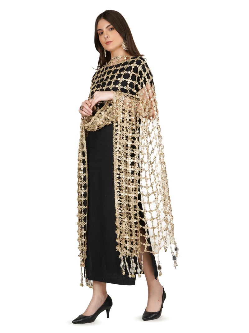 A R Silk DUPATTA HUB Women's Foil Mirror Work With Hand Made Tassels Golden Fancy and Bridal Dupatta(ars01240) - Image 4