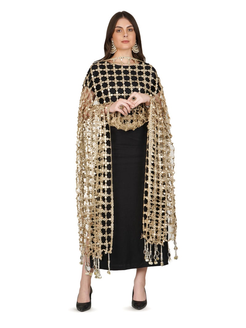 A R Silk DUPATTA HUB Women's Foil Mirror Work With Hand Made Tassels Golden Fancy and Bridal Dupatta(ars01240) - Image 3