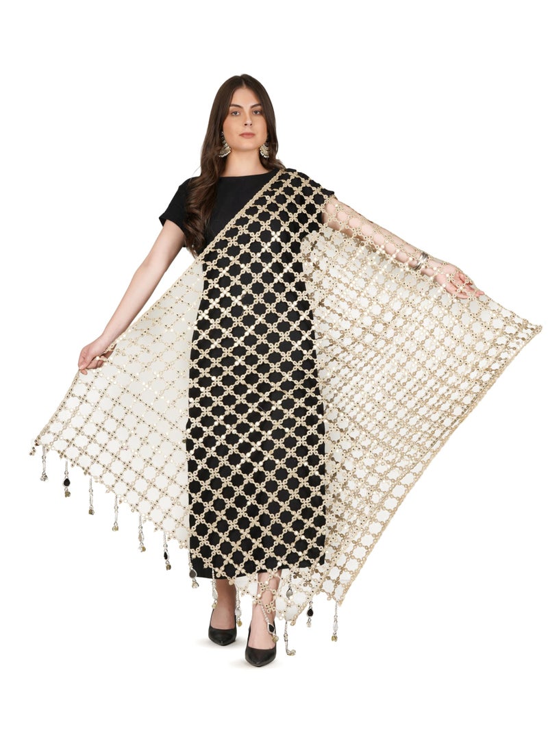 A R Silk DUPATTA HUB Women's Foil Mirror Work With Hand Made Tassels Golden Fancy and Bridal Dupatta(ars01240) - Image 1