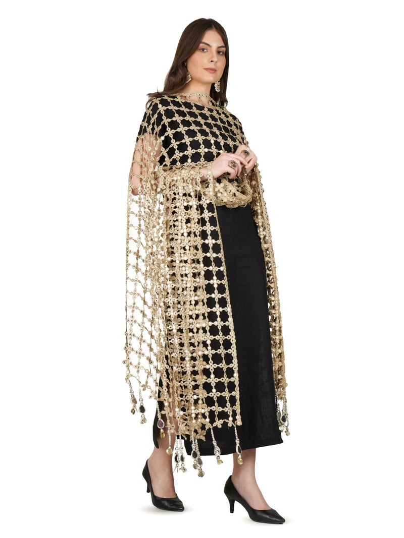 A R Silk DUPATTA HUB Women's Foil Mirror Work With Hand Made Tassels Golden Fancy and Bridal Dupatta(ars01240) - Image 5