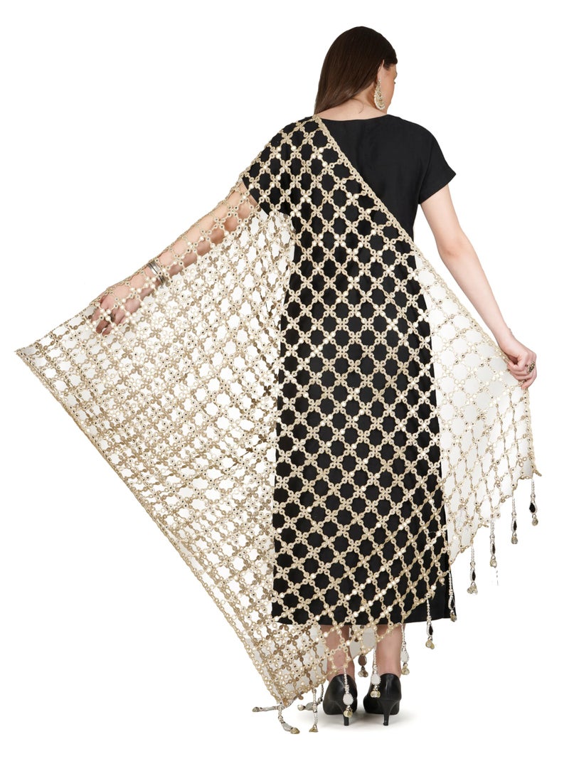 A R Silk DUPATTA HUB Women's Foil Mirror Work With Hand Made Tassels Golden Fancy and Bridal Dupatta(ars01240) - Image 2