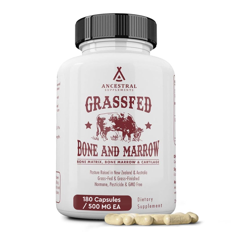 Ancestral Supplements Grass Fed Beef Bone and Marrow Supplement 3000mg Skin Oral Health and Joint Support Supplement Promotes WholeBody Wellness Non GMO Whole Bone Extract 180 Capsules