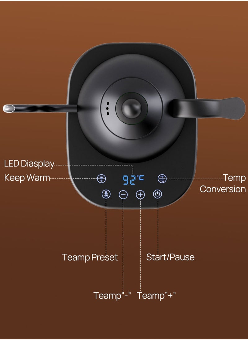 Brutelle - Electric Gooseneck Kettle V60 Coffee Kettle Tea Kettle 0.8L 1200W Power Adjustable Temperature with Insulation Quick Heating Perfect for Pour-Over Coffee at Home and Office Matte Black - Image 1