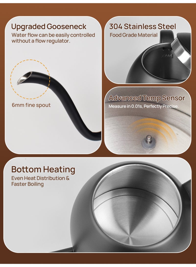 بريتيل غلاية كهربائية برقبة الإوزة، غلاية قهوة V60، بسعة 0.8 لتر وقوة 1200 واط، مع ضبط درجة الحرارة وعزل حراري، تسخين سريع، مثالية لتحضير القهوة بالتقطير في المنزل أو المكتب، باللون الأسود غير اللامع. - Image 4