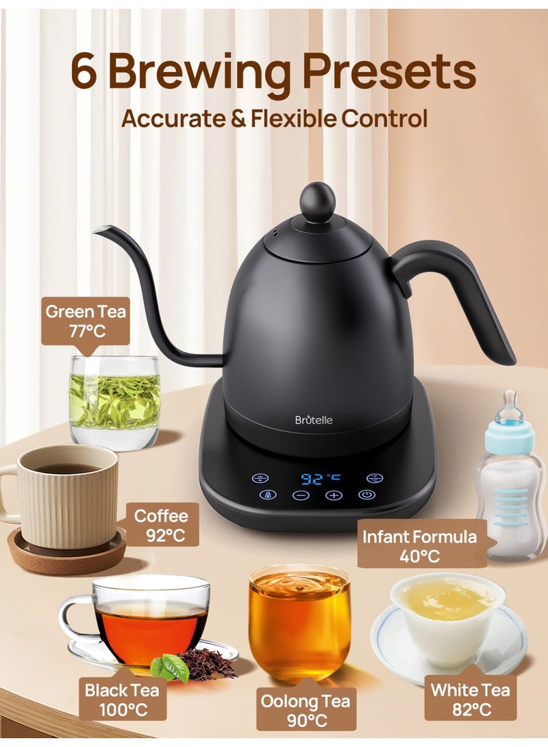 بريتيل غلاية كهربائية برقبة الإوزة، غلاية قهوة V60، بسعة 0.8 لتر وقوة 1200 واط، مع ضبط درجة الحرارة وعزل حراري، تسخين سريع، مثالية لتحضير القهوة بالتقطير في المنزل أو المكتب، باللون الأسود غير اللامع. - Image 5