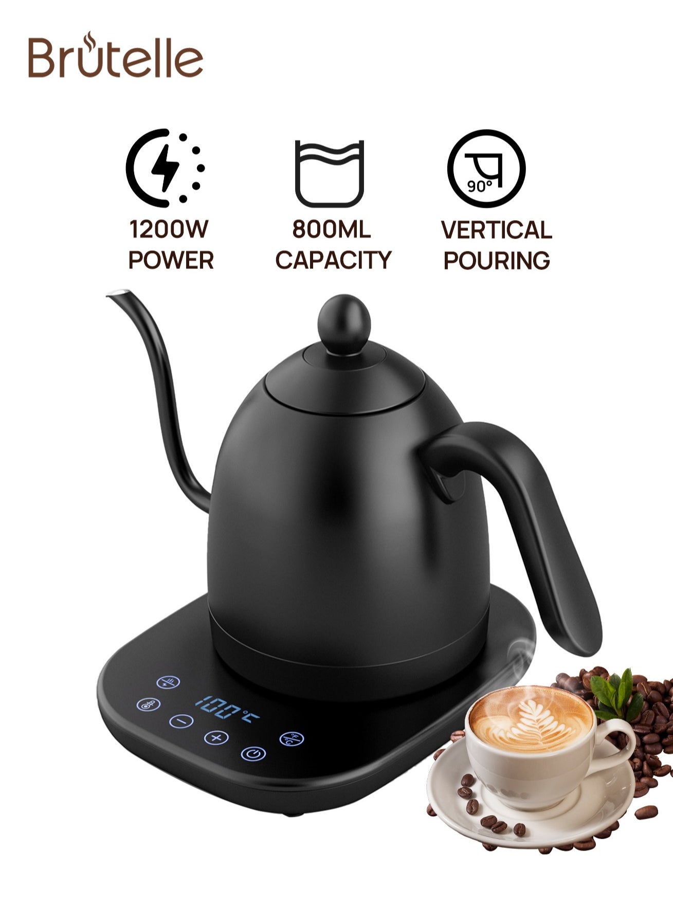 Brutelle Electric Gooseneck Kettle V60 Coffee Kettle Tea Kettle 0.8L 1200W Power Adjustable Temperature with Insulation Quick Heating Perfect for Pour-Over Coffee at Home and Office Matte Black 