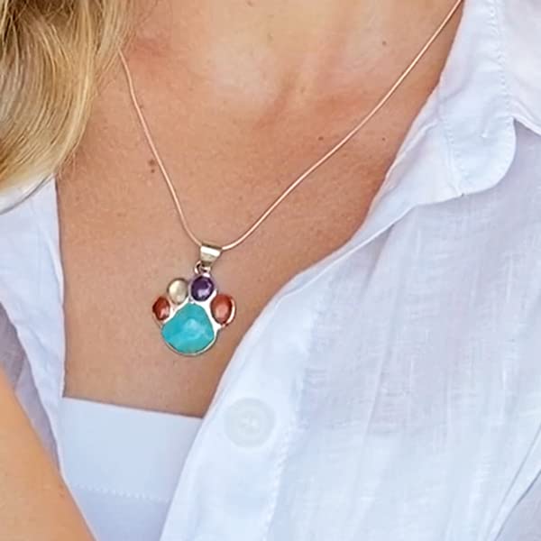 Turquoise Network Dog Paw Pendant Necklace in 925 Sterling Silver with Genuine Gemstones & Gemstones (Multi w/Sterling Chain) - Image 2