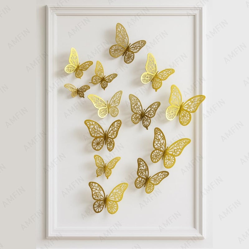 AMFIN (Pack of 12) 3D Metallic Butterfly Wall Stickers, Art Decor. Removable DIY Paper Butterflies for Living Room, Bedroom, Nursery, Party Decorations, Birthday - Gold - Image 1