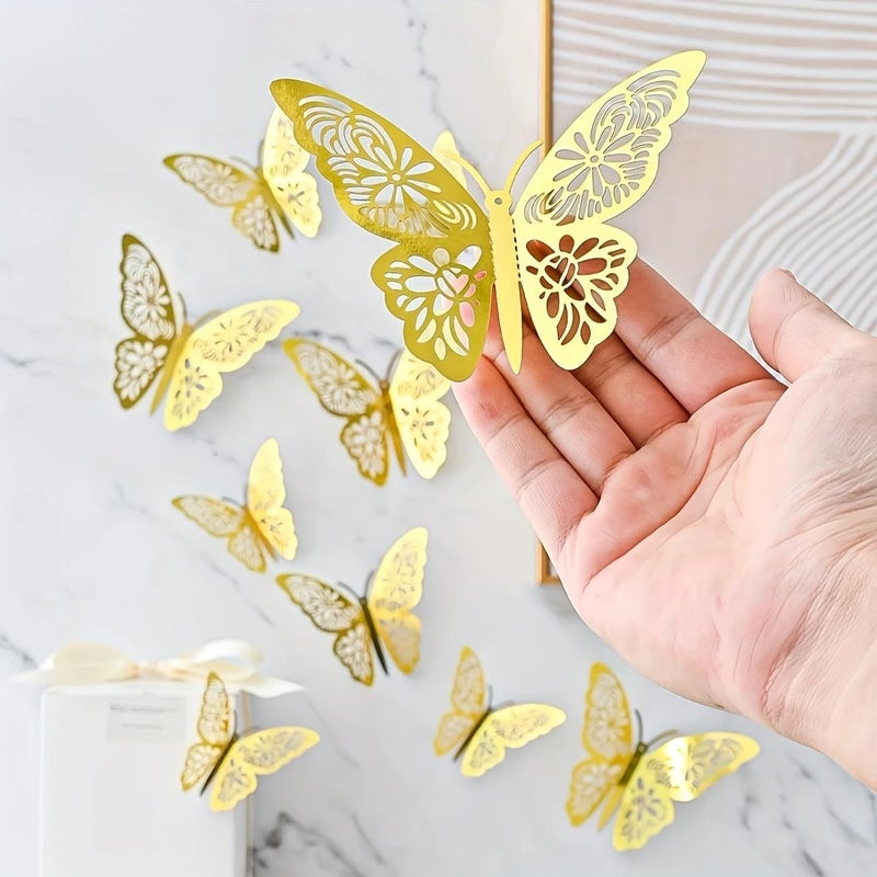 AMFIN (Pack of 12) 3D Metallic Butterfly Wall Stickers, Art Decor. Removable DIY Paper Butterflies for Living Room, Bedroom, Nursery, Party Decorations, Birthday - Gold - Image 2
