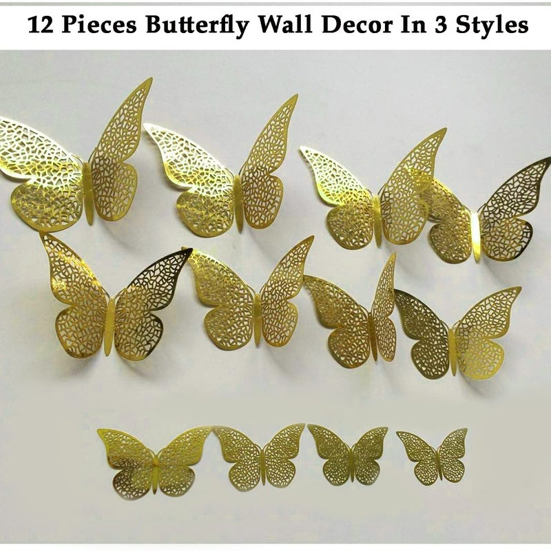 AMFIN (Pack of 12) 3D Metallic Butterfly Wall Stickers, Art Decor. Removable DIY Paper Butterflies for Living Room, Bedroom, Nursery, Party Decorations, Birthday - Gold - Image 3