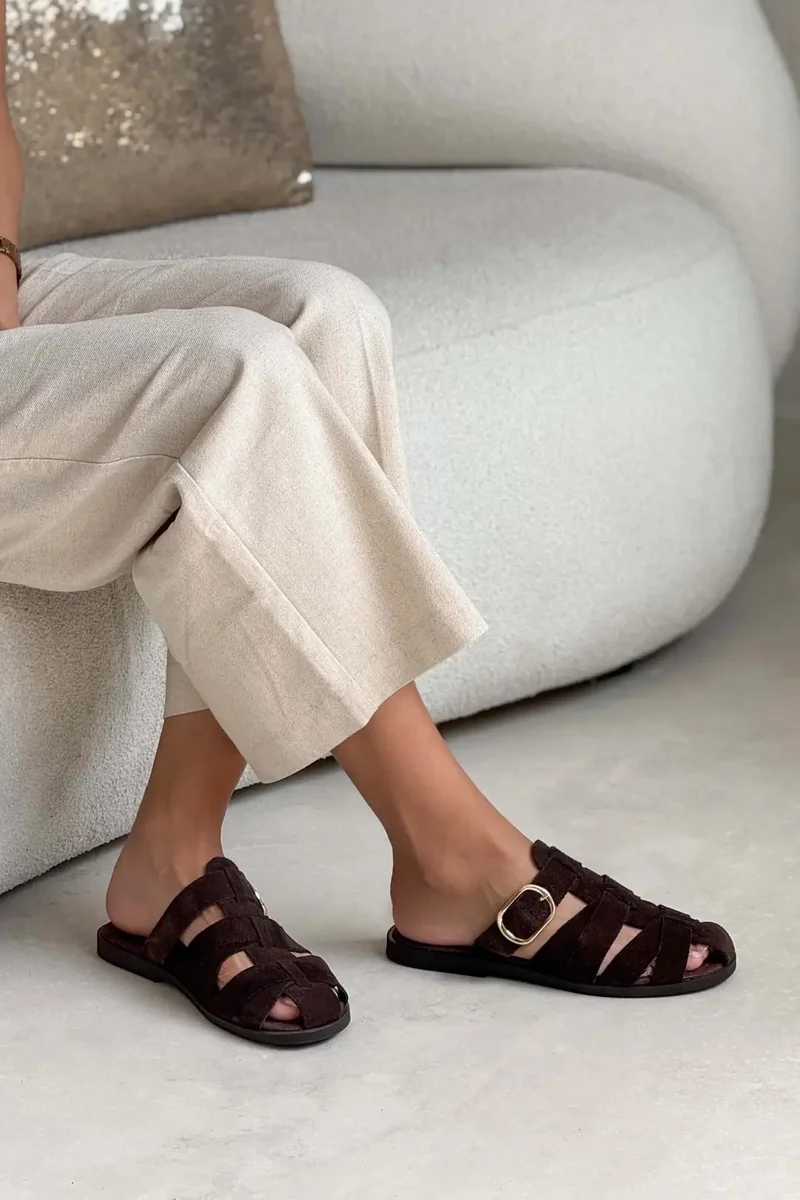 Nisantasi Shoes  Honey Genuine Suede Buckle Detail Flat Mules for Women | Best Price UAE