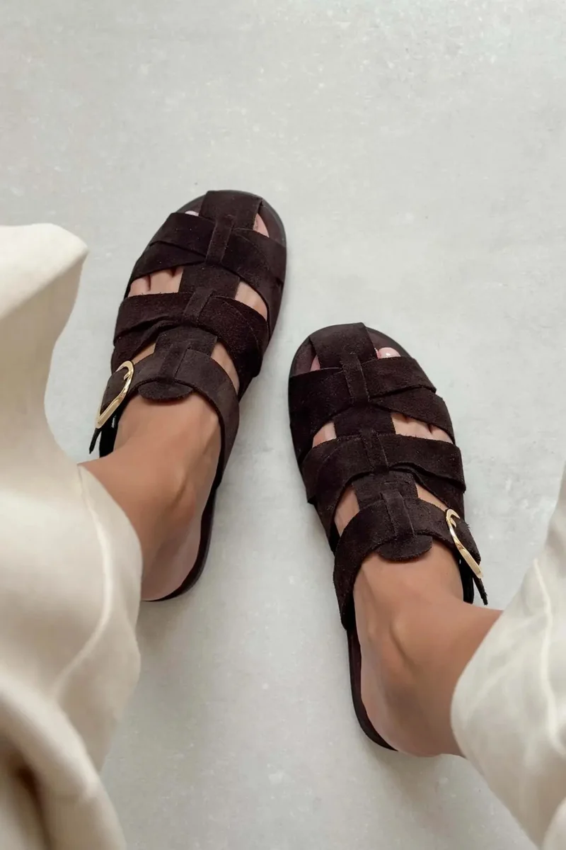 Nisantasi Shoes  Honey Genuine Suede Buckle Detail Flat Mules for Women | Best Price UAE