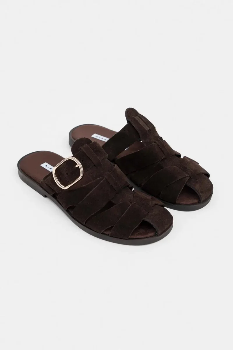 Nisantasi Shoes  Honey Genuine Suede Buckle Detail Flat Mules for Women | Best Price UAE