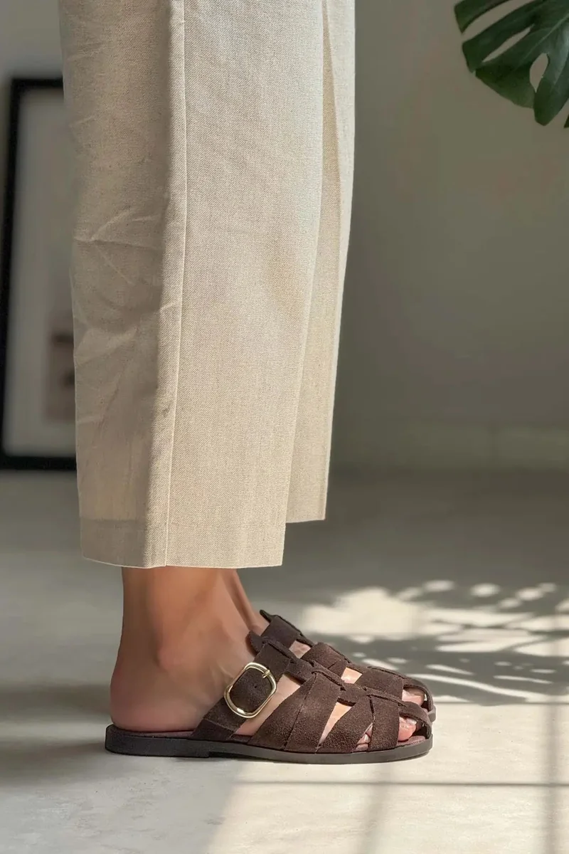 Nisantasi Shoes  Honey Genuine Suede Buckle Detail Flat Mules for Women | Best Price UAE