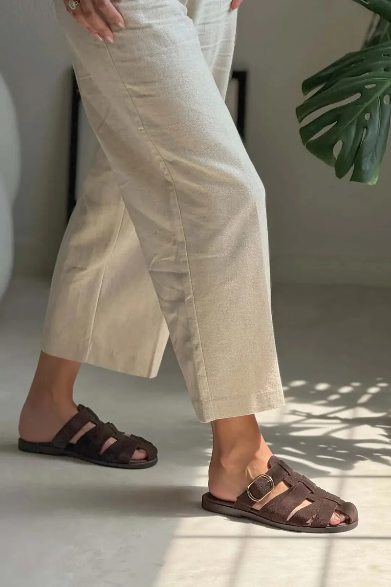 Nisantasi Shoes  Honey Genuine Suede Buckle Detail Flat Mules for Women | Best Price UAE