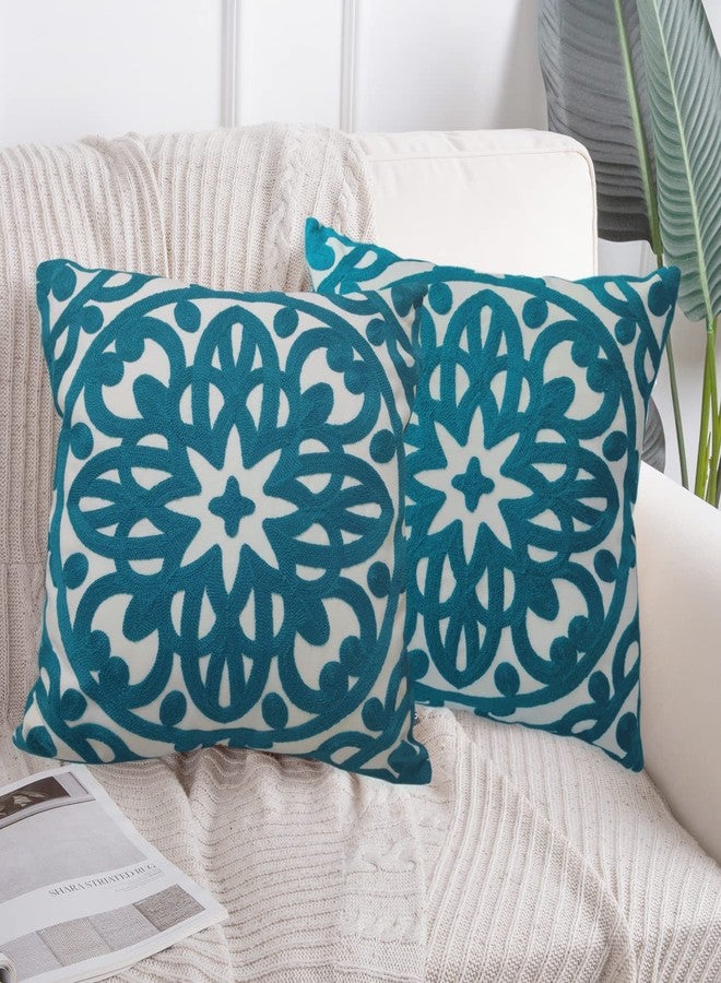 Alysheer Embroidered Decorative Throw Pillow Covers 18"x18" Set of 2 Pieces, Boho Classic Mandala Knit Pattern, Durable 100% Cotton Canvas Cushion Cases for Sofa Couch Living Room Gifts (Teal Blue) - Image 3