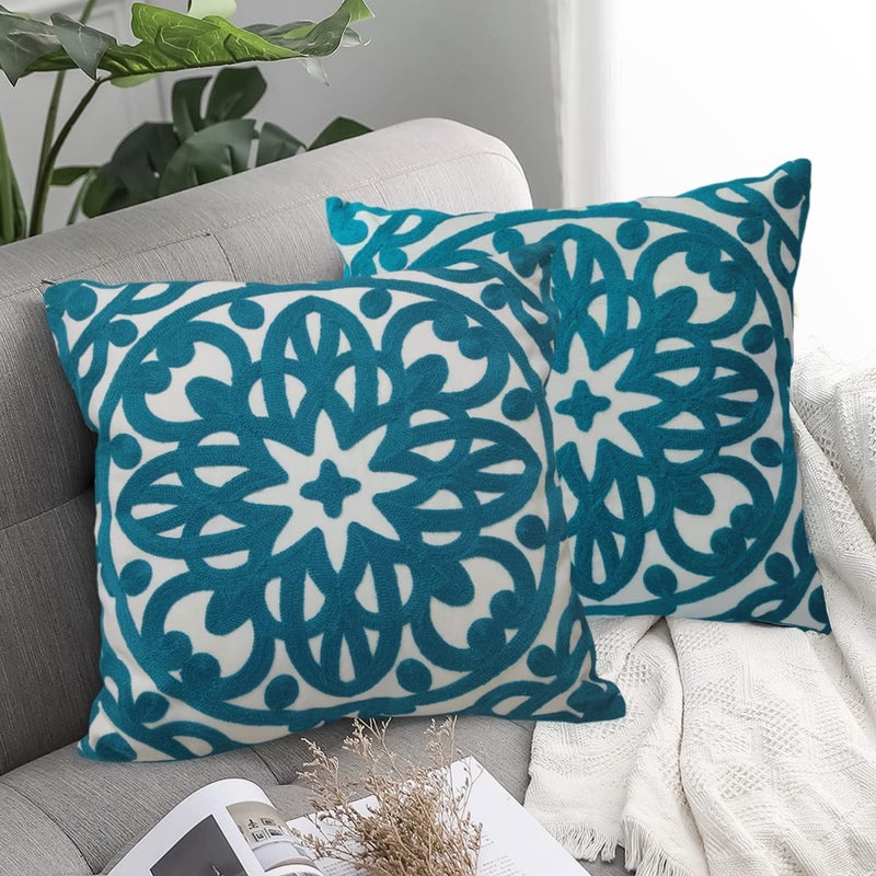Alysheer Embroidered Decorative Throw Pillow Covers 18"x18" Set of 2 Pieces, Boho Classic Mandala Knit Pattern, Durable 100% Cotton Canvas Cushion Cases for Sofa Couch Living Room Gifts (Teal Blue) - Image 1