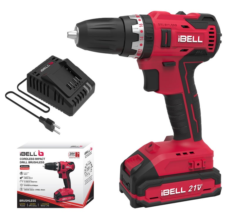 IBELL TOOLS IBELL One Power Series Cordless Impact Drill Brushless Bd20-38 20V 38Nm With 2Ah Battery & Charger, Pink - Image 1
