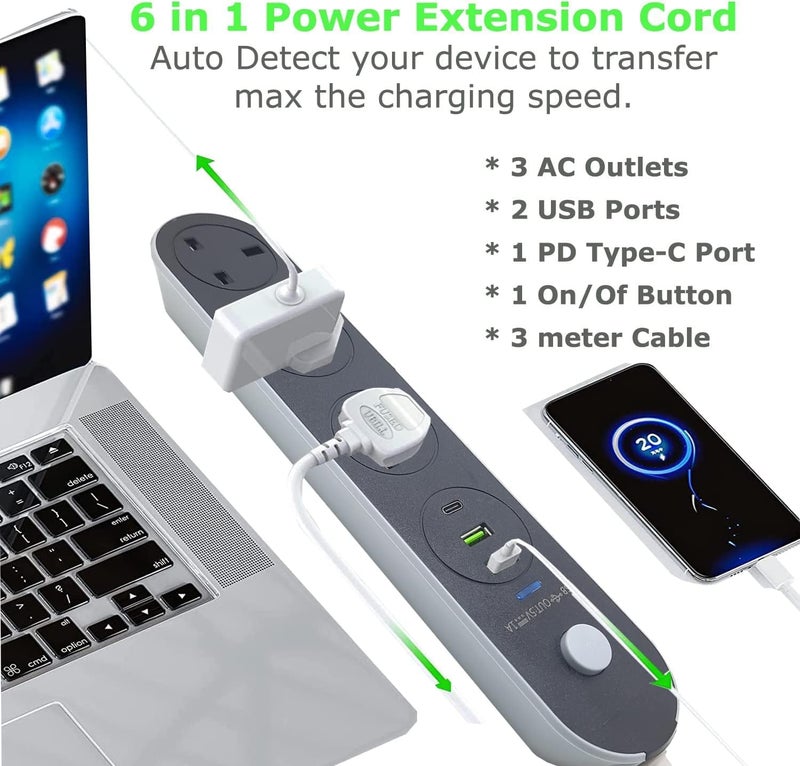Baity Multiplug Power Strip Extension Cord, 13A 3Outlet 2 USB Slots 1 PD Type C, 3M 3 Way Heavy Duty Power Extension Lead Surge Protection Extension Socket with Safety Protection for Home, Office - Image 3