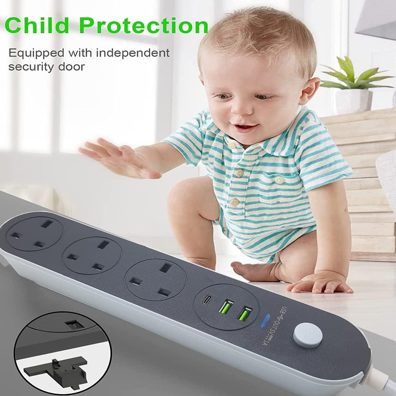 Baity Multiplug Power Strip Extension Cord, 13A 3Outlet 2 USB Slots 1 PD Type C, 3M 3 Way Heavy Duty Power Extension Lead Surge Protection Extension Socket with Safety Protection for Home, Office - Image 5