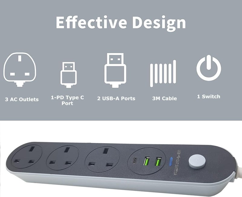 Baity Multiplug Power Strip Extension Cord, 13A 3Outlet 2 USB Slots 1 PD Type C, 3M 3 Way Heavy Duty Power Extension Lead Surge Protection Extension Socket with Safety Protection for Home, Office - Image 4