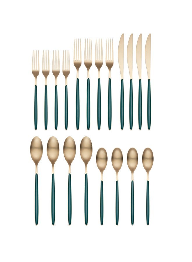 Cambridge Silverware Set, Kiernan Forest Green Champagne 20-Piece Flatware Set, Service For 4, Stainless Steel, Dishwasher Safe, Flatware Cutlery, Utensils, Knives Spoons & Forks (Gold, 20 Pieces) - Image 2