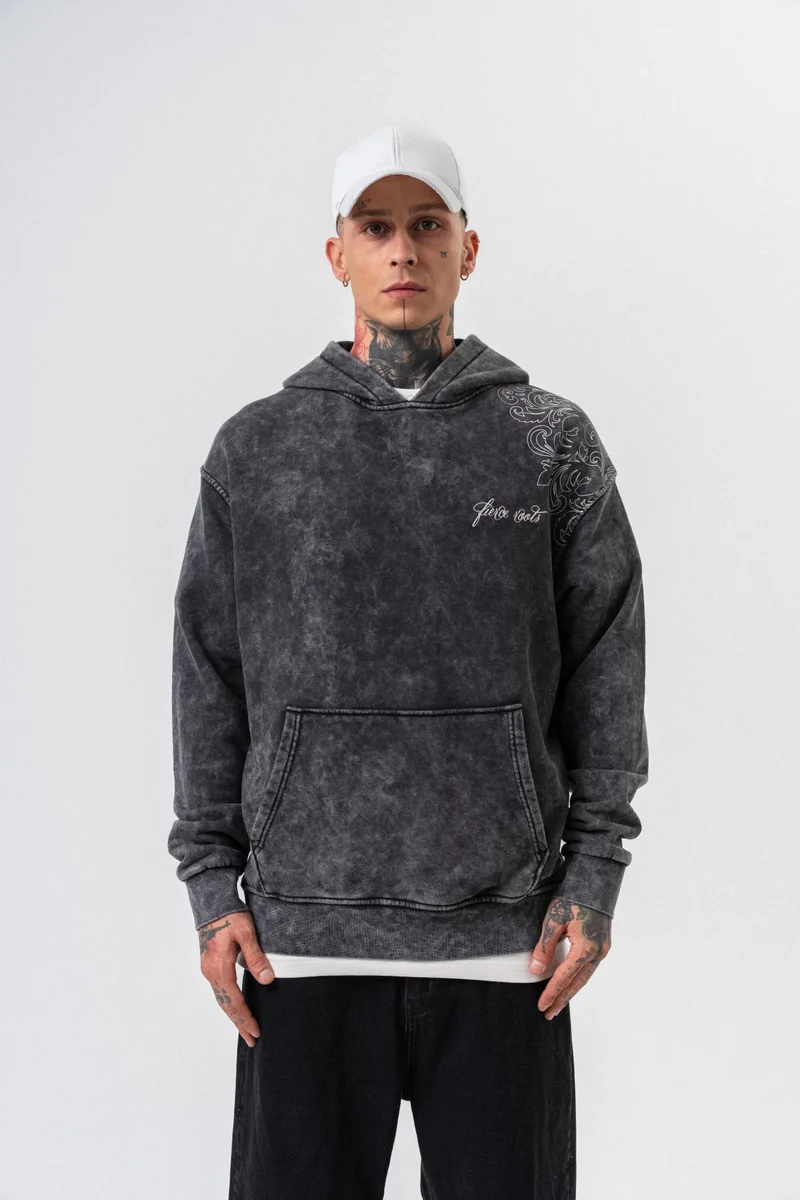 RESPIRE Men's Fierce Printed Washed Hooded Oversize Hoodie Black