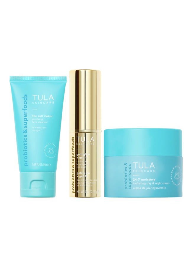 TULA Skin Care Greatest Hits Skincare Discovery Kit, Includes Gold Glow & Get It Eye Balm 0.35 oz., The Cult Classic Cleanser 50ml, 24-7 Moisture Hydrating Day & Night Cream 15ml, 3-Piece Kit - Image 1