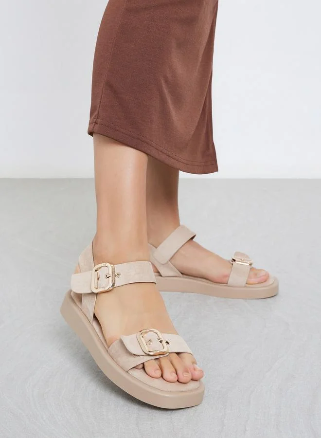 Styli Beige Buckle Flat Sandals