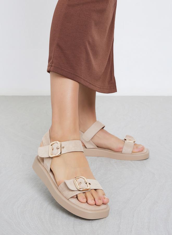 Styli Beige Buckle Flat Sandals - Image 2