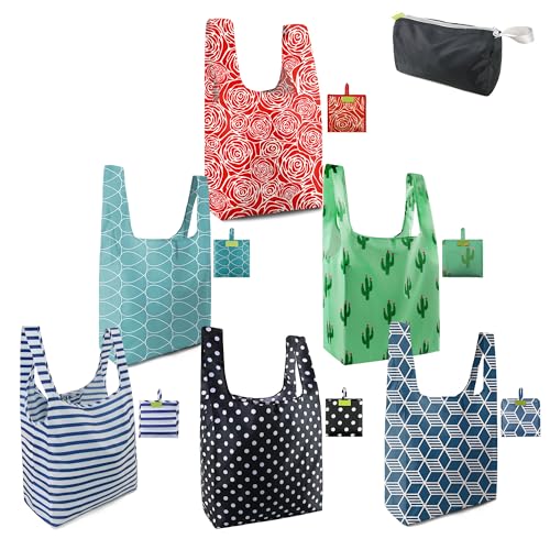 BeeGreen Geometry Reusable Grocery Bags Bulk 6 Packs XLarge Reusable Shopping Bags Foldable for Groceries Vegetables Fruits Watertight Bulk Tote Bags Cactus Rainbow Polka Dot Red Rose - Image 1