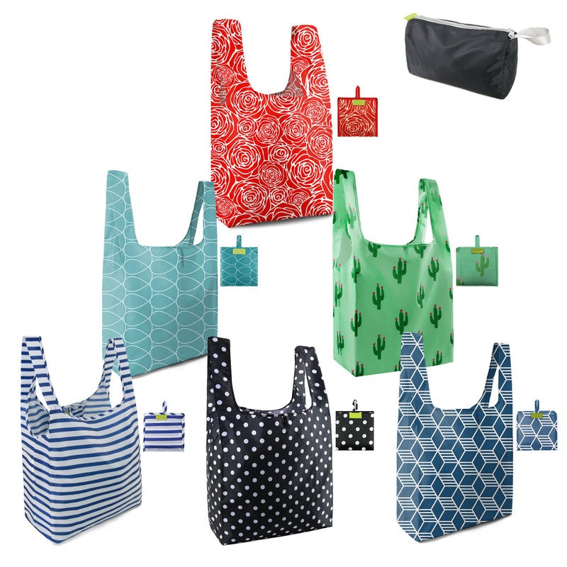 BeeGreen Geometry Reusable Grocery Bags Bulk 6 Packs XLarge Reusable Shopping Bags Foldable for Groceries Vegetables Fruits Watertight Bulk Tote Bags Cactus Rainbow Polka Dot Red Rose - Image 2