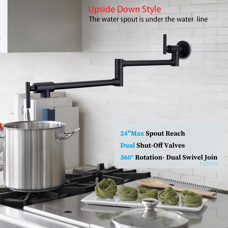 havin Upside Down Design Pot Filler,Black Color,Wall Mount Pot Filler Faucet, Kitchen Folding Faucet,Coffee Machine Faucet with Stretchable Double Joint Swing Arms, Matte Black - Image 2