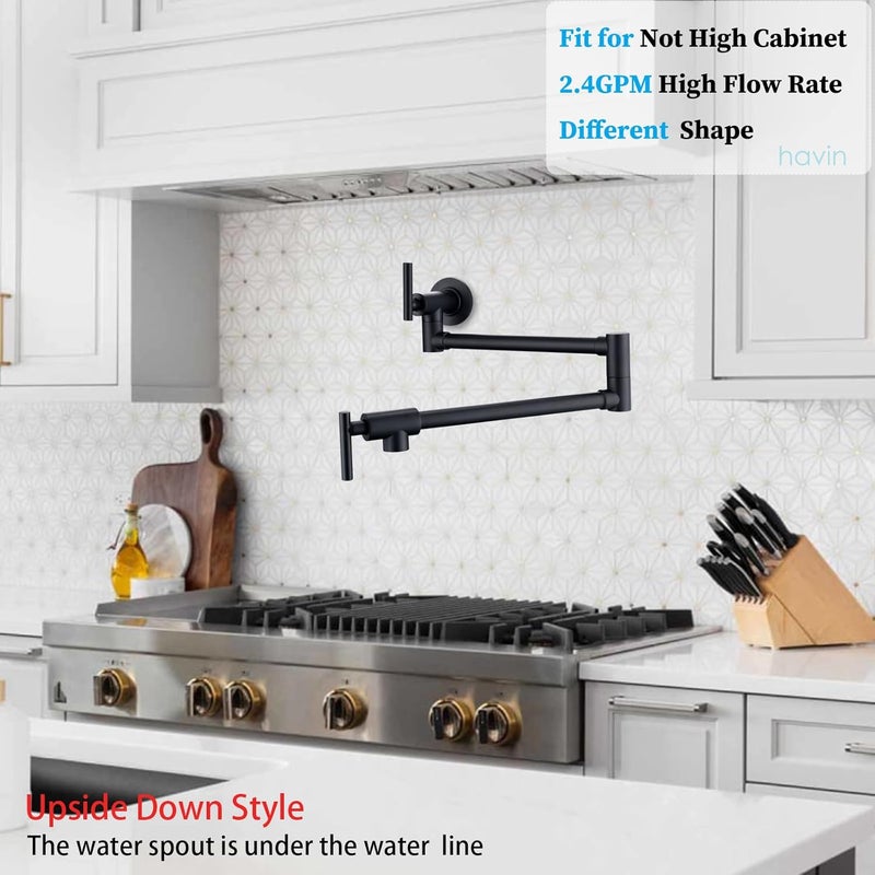havin Upside Down Design Pot Filler,Black Color,Wall Mount Pot Filler Faucet, Kitchen Folding Faucet,Coffee Machine Faucet with Stretchable Double Joint Swing Arms, Matte Black - Image 3