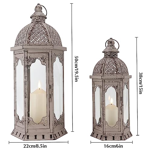 JHY DESIGN Set of 2 Decorative Candle Lanterns 22"&17" H Vintage Metal Candle Holder for Garden Indoor Outdoor Parties Weddings Patio Home Decor(Grey with Black Brush) - Image 3