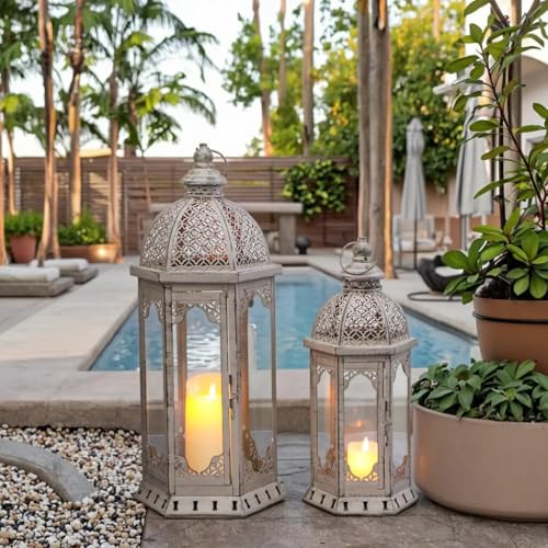 JHY DESIGN Set of 2 Decorative Candle Lanterns 22"&17" H Vintage Metal Candle Holder for Garden Indoor Outdoor Parties Weddings Patio Home Decor(Grey with Black Brush) - Image 4