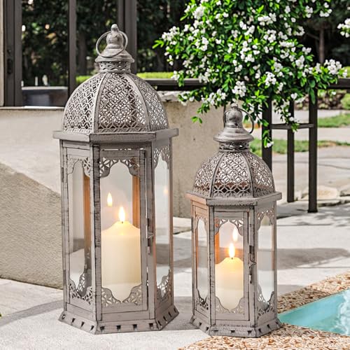 JHY DESIGN Set of 2 Decorative Candle Lanterns 22"&17" H Vintage Metal Candle Holder for Garden Indoor Outdoor Parties Weddings Patio Home Decor(Grey with Black Brush) - Image 5