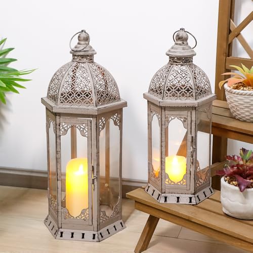 JHY DESIGN Set of 2 Decorative Candle Lanterns 22"&17" H Vintage Metal Candle Holder for Garden Indoor Outdoor Parties Weddings Patio Home Decor(Grey with Black Brush) - Image 2