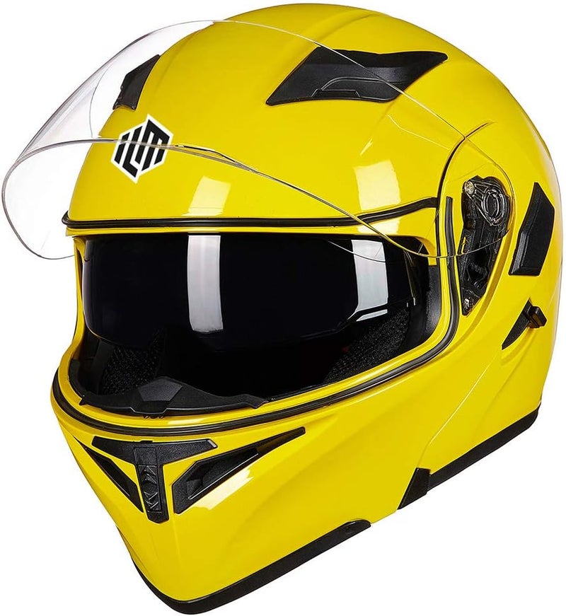 ILM Motorcycle Dual Visor Flip Up Modular Full Face Helmet - Yellow - Image 3