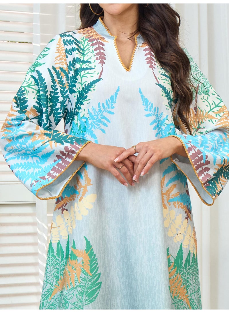 كاييود عباية يومية عيد الفطر مطبوعة أوراق سرخس استوائية متدرجة أزرق أخضر زخرفة ذهب أكمام متوسعة بوليستر تغطية كاملة من S إلى XL - Image 3