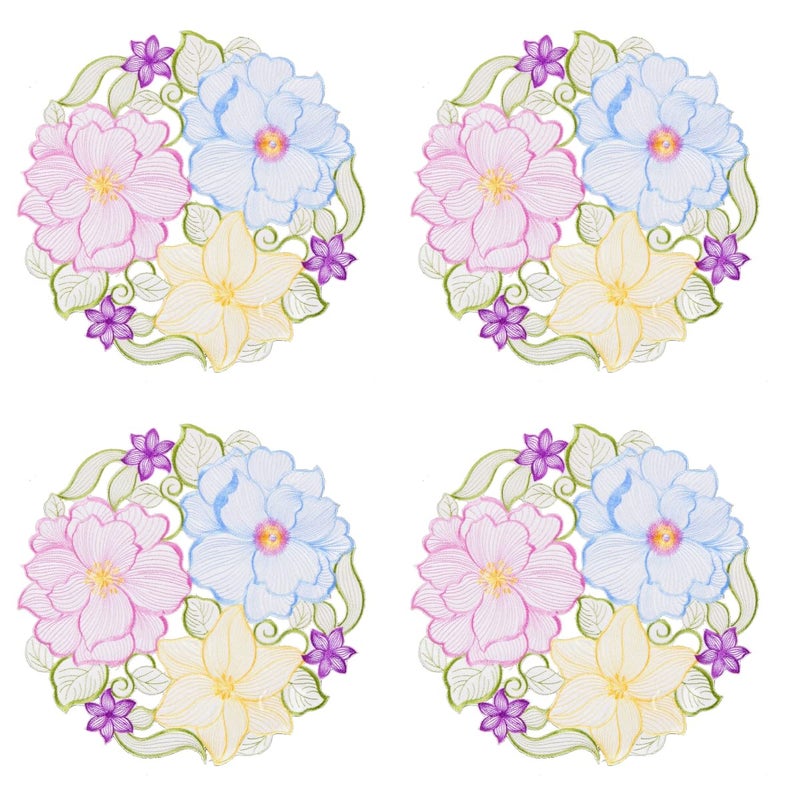 GRANDDECO GRANDDECO Spring Flowery Placemats Set of 4 Cutwork Embroidered Floral Flowers Dresser Scarf for Home Kitchen Dining  - Image 1