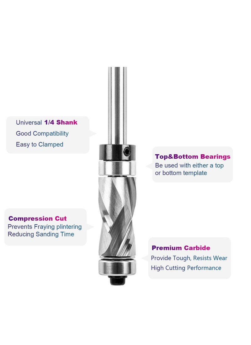 Y&D - Carbide Compressiom Flush Trim Router Bit Top & Bottom Bearing 1/2 inch Cutting Dia with 1/4 Shank Pattern Template Woodworking Tool - Image 1