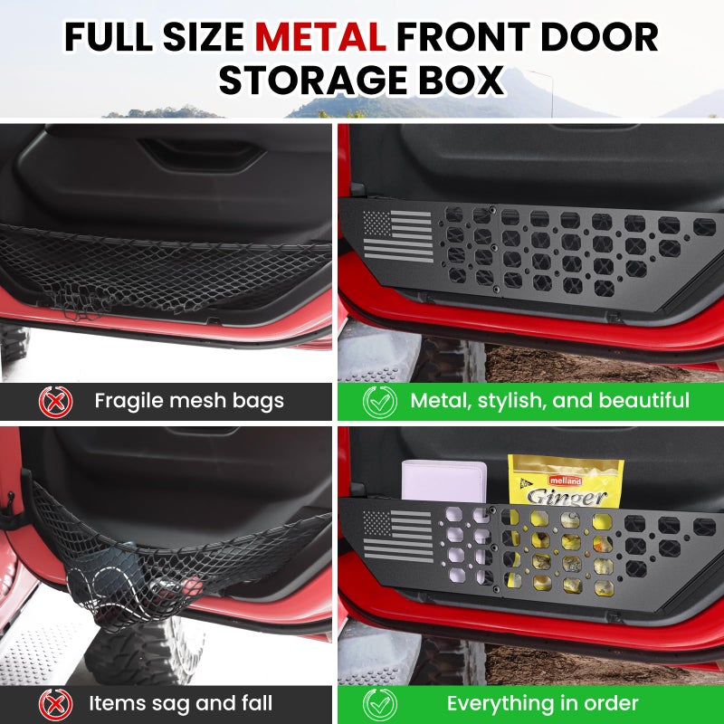 DIAMOOKY Metal Front Door Pocket Storage Box for Jeep Wrangler JL JLU 4XE 2018-2026 & Gladiator JT 2020-2023 2024 2025 2026 Accessories Door Organizer Storage (Not for Power Seats), Flat Flag, 2PCS - Image 4