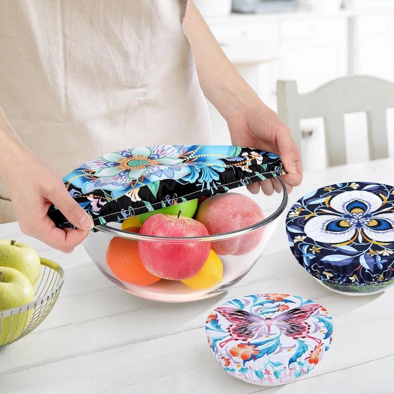 Revahope 5 Pieces Bowl Covers Reusable, 5 Size Elastic Cloth Bowl Covers for Bread Proofing, Food Covers Washable for Food Fruits Leftover (Lotus Floral) - Image 3