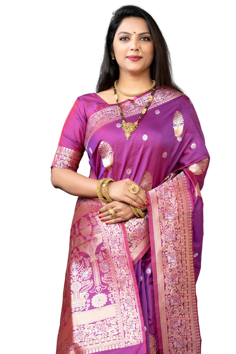 AMIRAT Women's Banarasi Silk Saree With Pure Golden Zari Woven With Unstitched Blouse Piece - Image 1